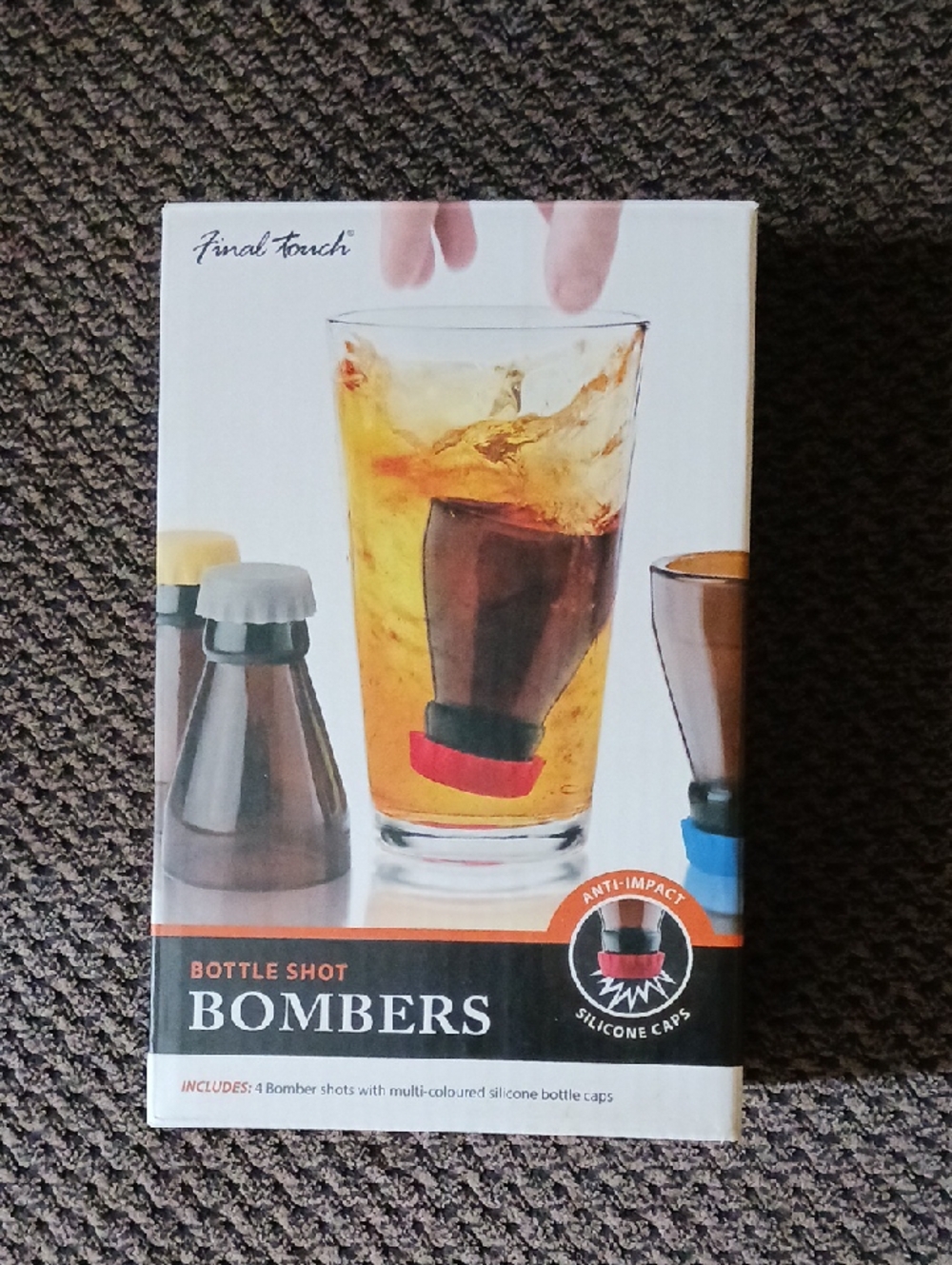 Final Touch bottle shot bombers with red, blue, yellow and gray caps